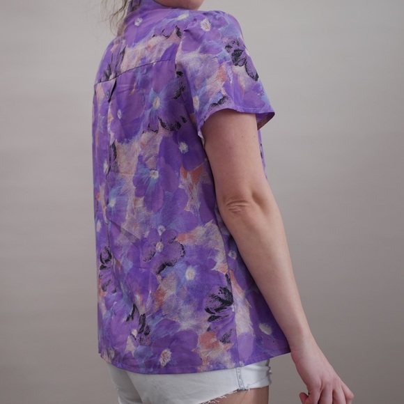 Button Up Shirt Vintage Collared Puff Short Sleeve Purple Floral Print Medium - Picture 6 of 7